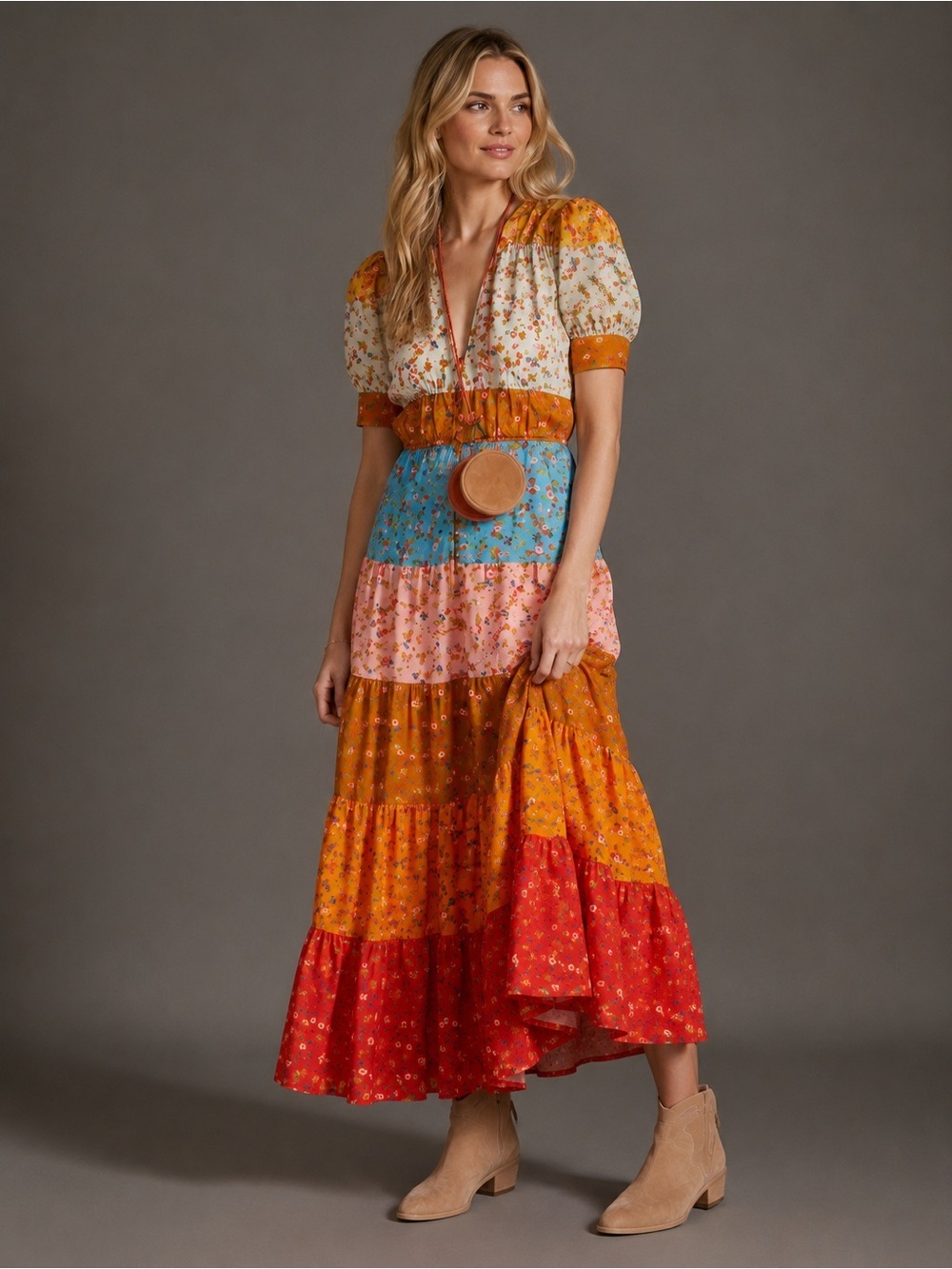 Anthropologie Tiered & True Maxi Dress Floral Patchwork Smocked Button Front S